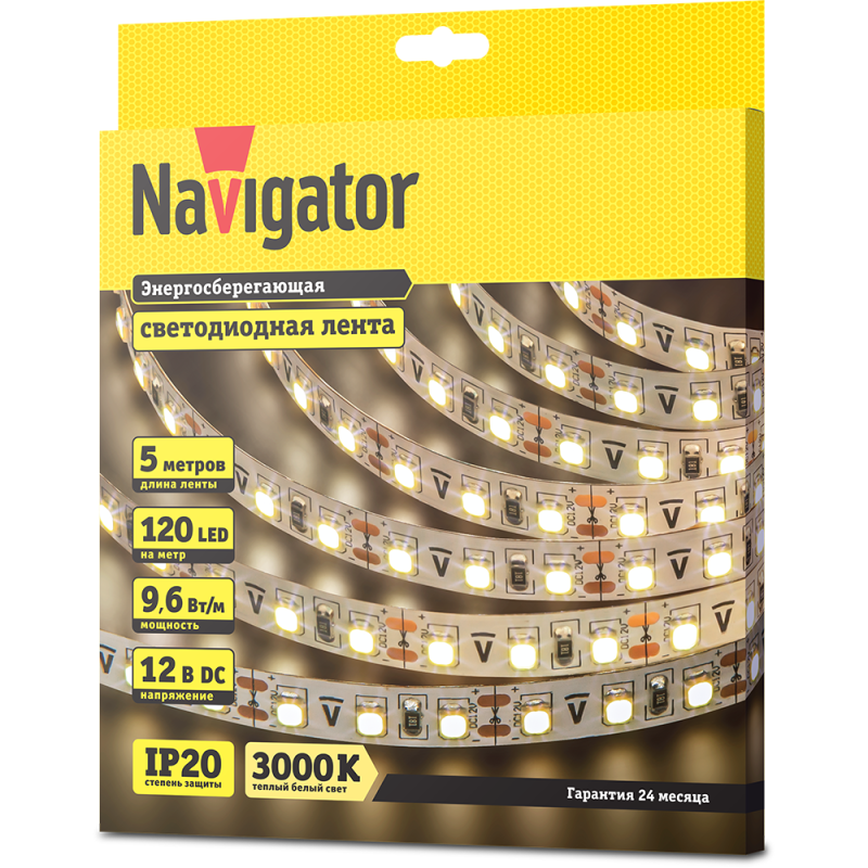 Лента светодиодная 71 410 NLS-3528WW120-9.6 IP20 12B R5 9.6Вт/м (уп.5м) Navigator 71410