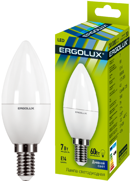 Лампа светодиодная LED-C35-7W-E14-6500K "Свеча" 172-265В Ergolux 12874