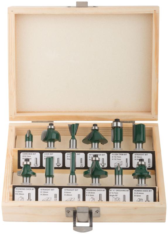 Набор фрез по дереву кромочные набор 12шт деревян. бокс хвостовик 8мм FIT 36578