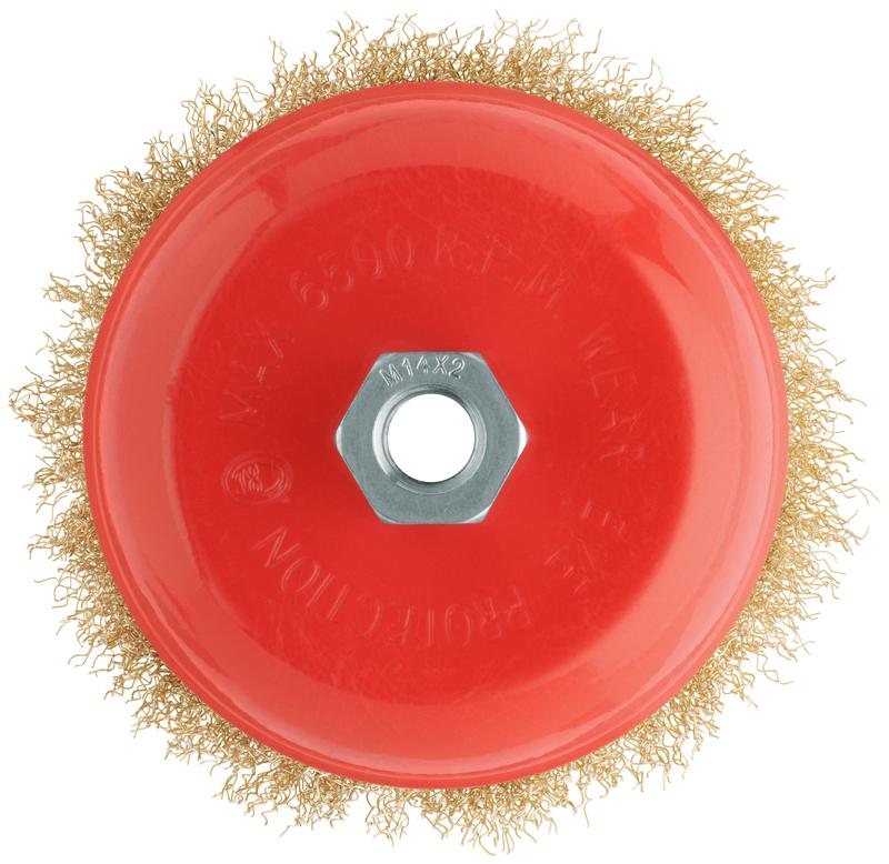 Корщетка-чашка гайка М14 стальная латунированная волнистая проволока 125мм блистер КУРС 39094