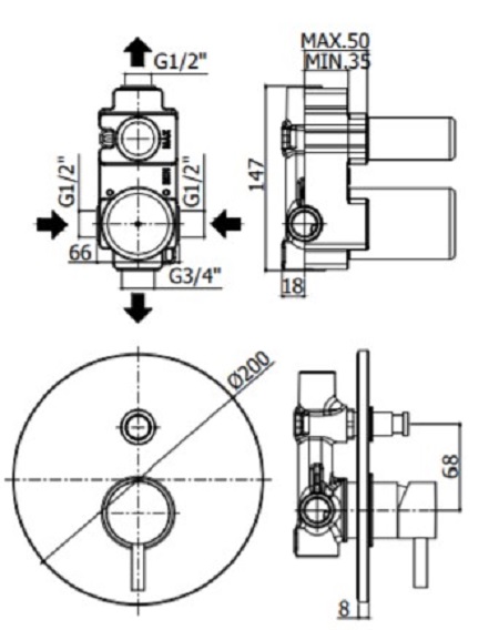 Смеситель встраиваемый для душа на 2 выход Paffoni LIGHT LIG015CR встраиваемый Хром