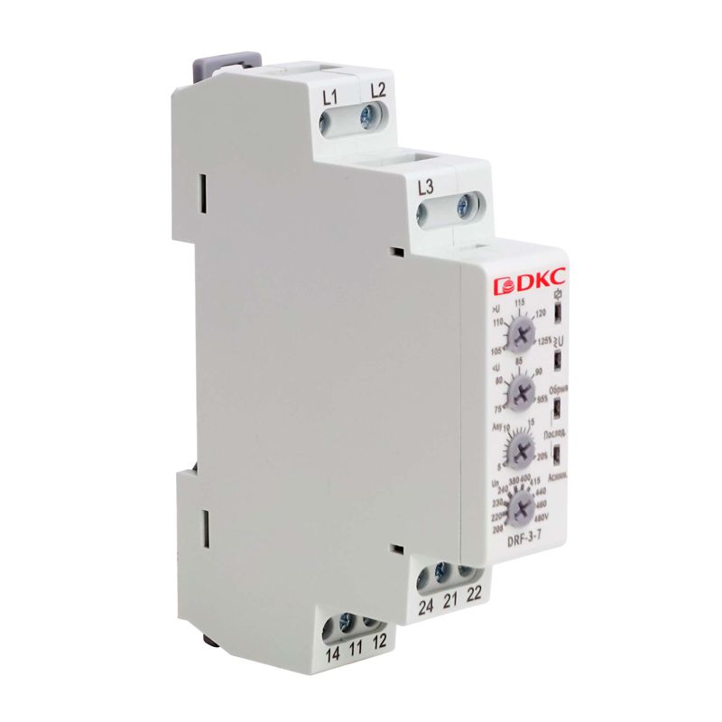 Реле контроля фаз 3ф + N тип DRF; контроль напряжения; контроль обрыва фаз; котроль чередования фаз; контроль асимметрии; конфигурация контакта 2CO 120-277В DKC DRF-3-7N