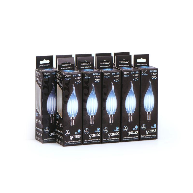 Лампа светодиодная филаментная Black Filament 5Вт свеча на ветру 4100К нейтр. бел. E14 450лм GAUSS 104801205
