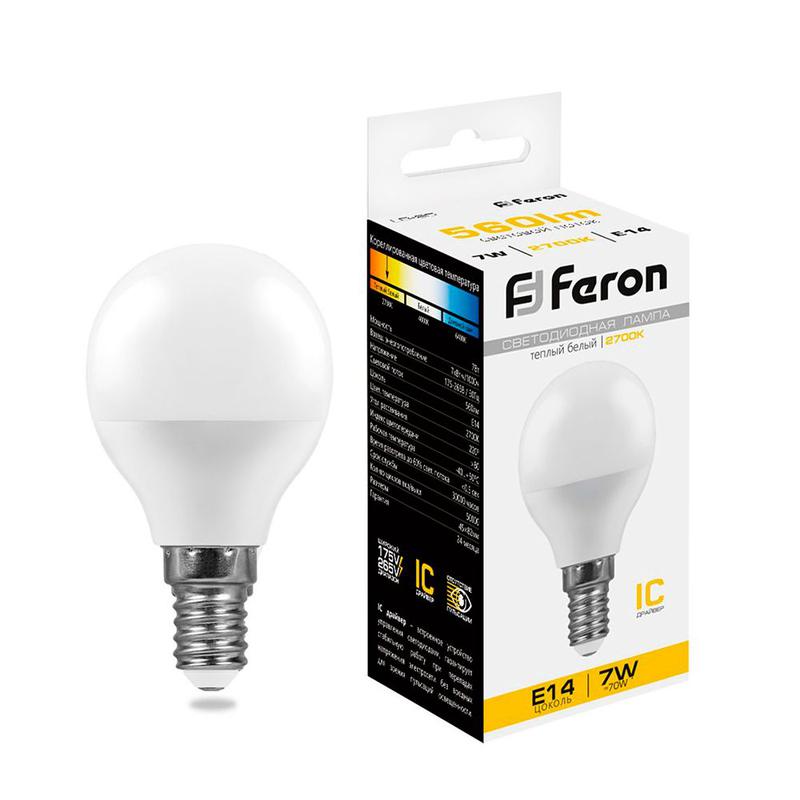 Лампа светодиодная 7Вт 230В E14 2700К G45 LB-95 FERON 25478