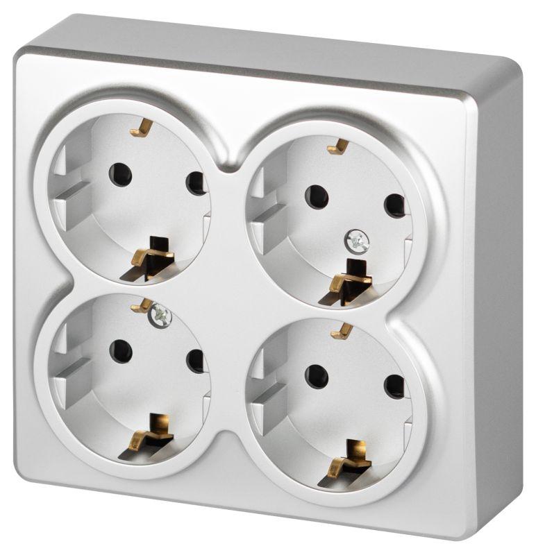 Розетка 4-м ОП Эксперт 11-2211-03 16А IP20 250В 4х2P+E Schuko с заземл. защ. шторки алюм. Эра Б0063022
