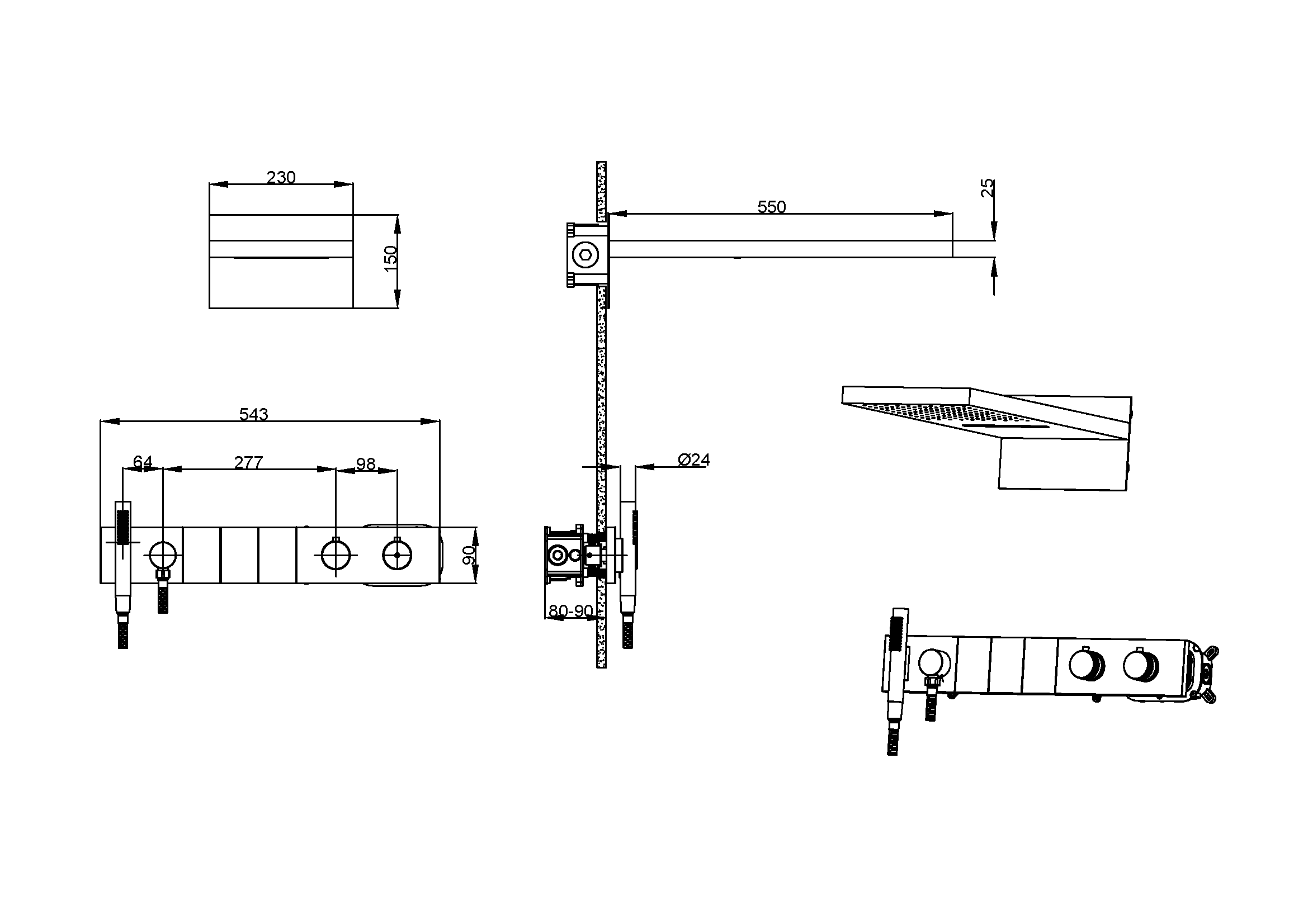 Встроенная душевая система  ZODIAC с термостатом, трехпозиционная GOLD
