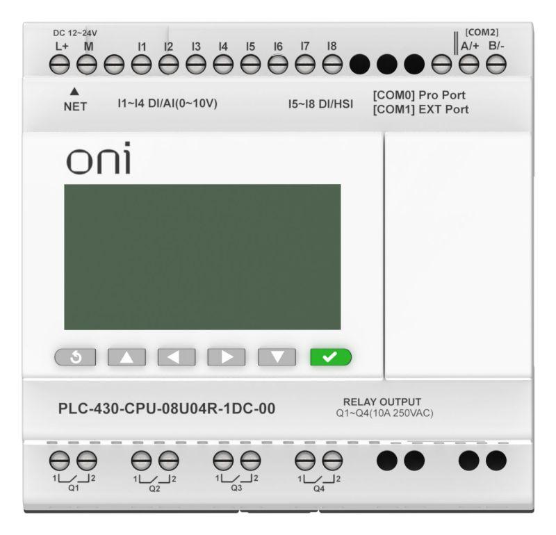 Модуль ЦПУ ПЛК 430 4 DI 4 UI (0-10В/DI) 4 RO 24В DC с Ethernet портом с экраном ONI PLC-430-CPU-08U04R-1DC-00