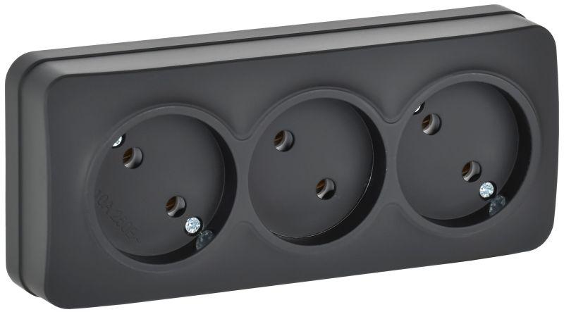 Розетка 3-м ОП GLORY РС23-2-ХЧм 10А без заземл. без защ. шторок черн. матов. IEK ERH30-K02M-10
