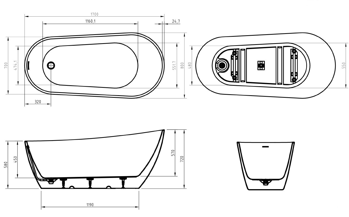 Акриловая ванна BELBAGNO BB704-1700-800-K