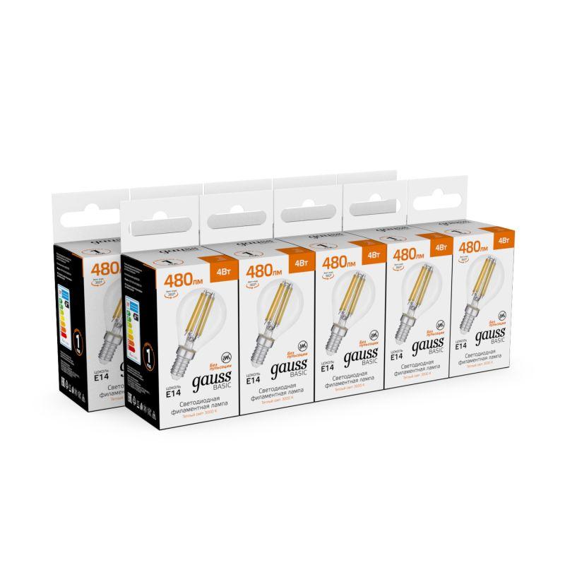 Лампа светодиодная филаментная Basic Filament 4Вт Шар 3000К E14 480лм GAUSS 50512142