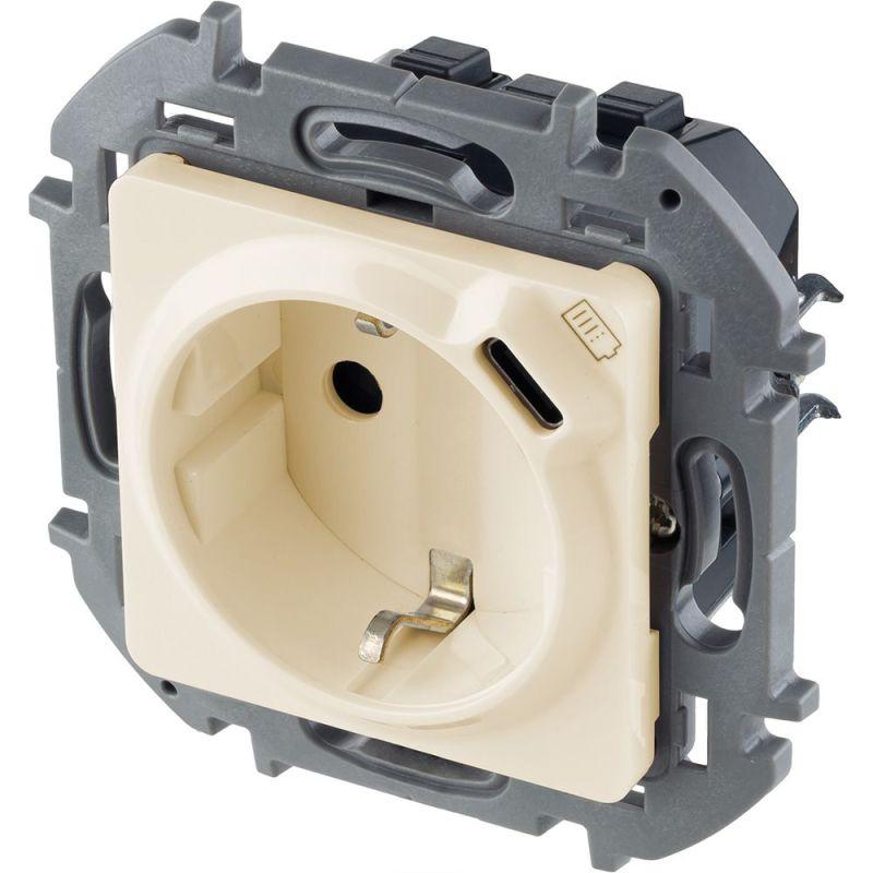 Розетка 1-м СП Inspiria 16А IP20 250В 2P+E немецк. стандарт с заряд. устройством USB тип C 1.5А 5В механизм сл. кость IEK 673771