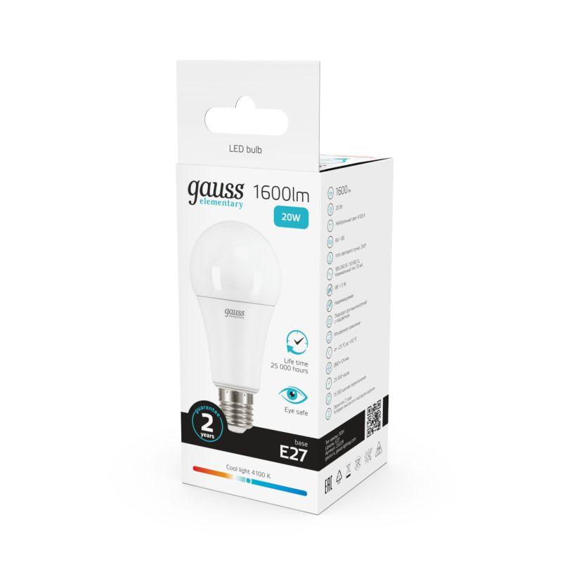 Лампа светодиодная Elementary 20Вт A60 грушевидная 4100К нейтр. бел. E27 1600лм GAUSS 23229