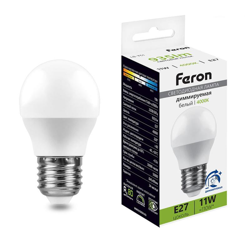 Лампа светодиодная диммируемая 11Вт 230В E27 4000К G45 LB-751 FERON 51059