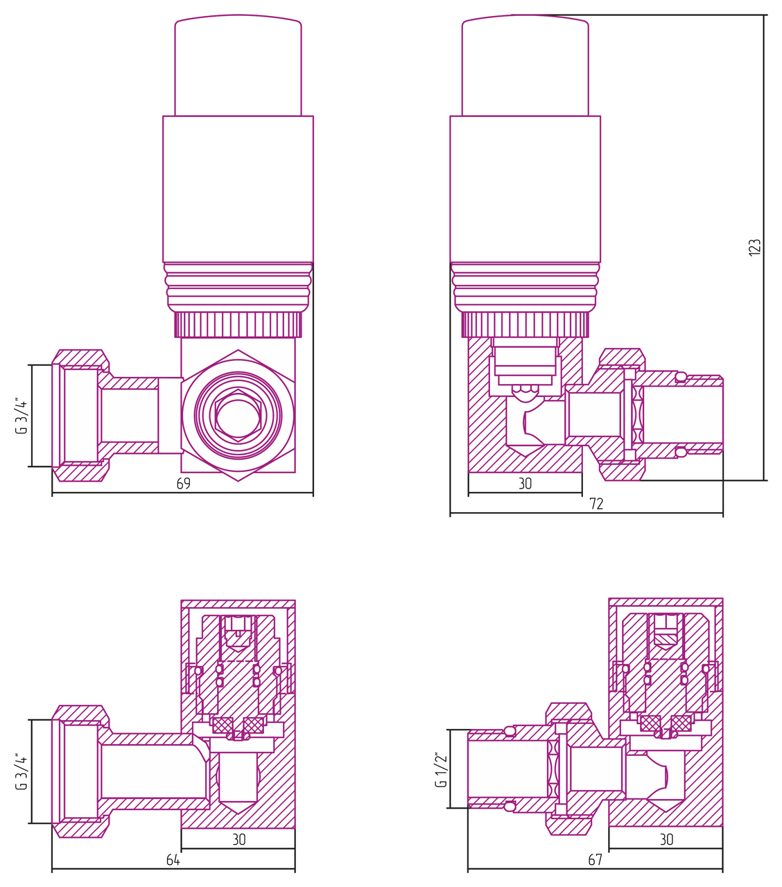 Автоматический терморегулятор 3D левый G 1/2" НР х G 3/4" НГ (набор) (Без покрытия) 00-1421-0000