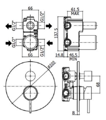 Смеситель встраиваемый для душа на 2 выход Paffoni LIGHT LIG018CR встраиваемый Хром