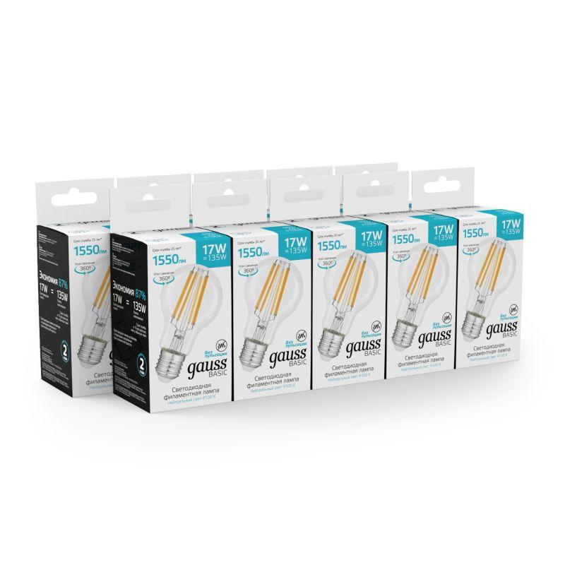 Лампа светодиодная филаментная Basic Filament А60 17Вт 4100К Е27 1550лм GAUSS 10212272
