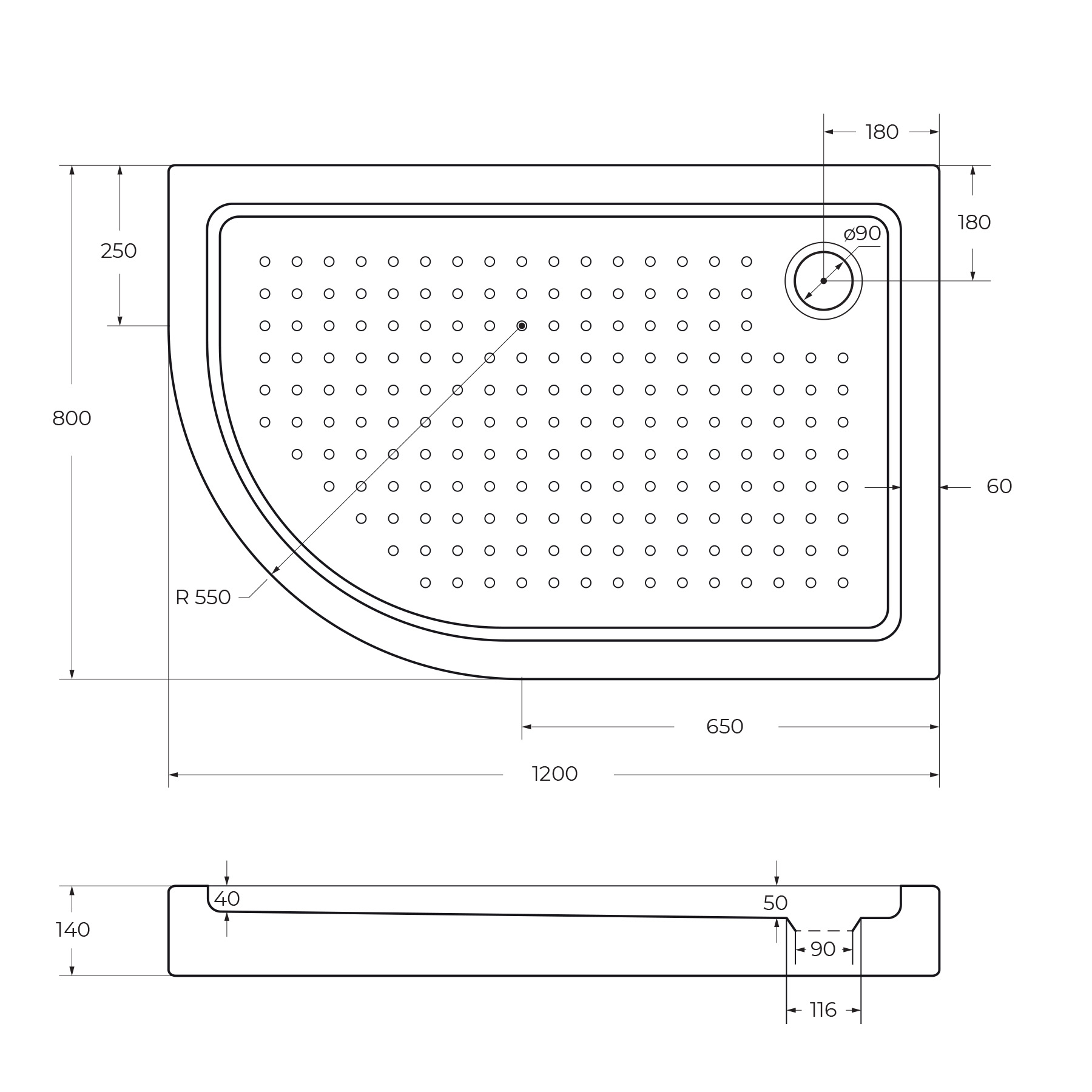 Акриловый поддон CEZARES TRAY-A-RH-120/80-550-15-W-R