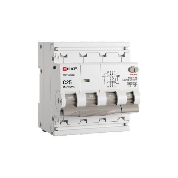 Выключатель автоматический дифференциального тока 4п (3P+N) C 25А 100мА тип AC 6кА АВДТ-63N (S) селективный электромеханич. PROxima EKF D63N46MS25C100