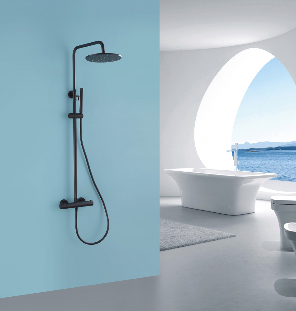 Душевая стойка ABBER Wasser Kreis AF8160BL с термостатом без излива, черная матовая