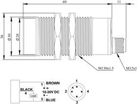 Датчик емкостный (PNP-НО) разъем M12х3 (расс. сраб. 3-15мм) выступающий металл 10-30В DC IP65 EMAS SCM30NM1PSX