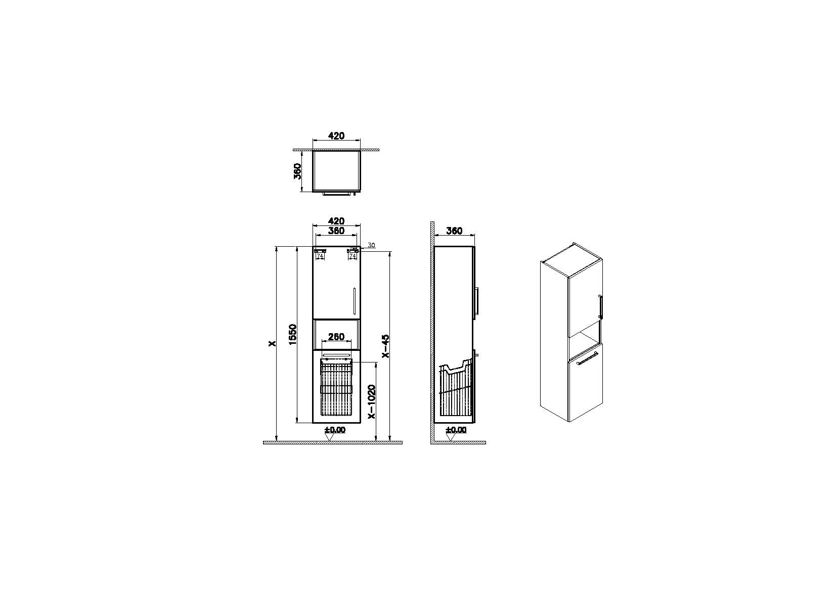 Пенал высокий Root 40 см с корзиной для белья, кордоба, левосторонний, 68009