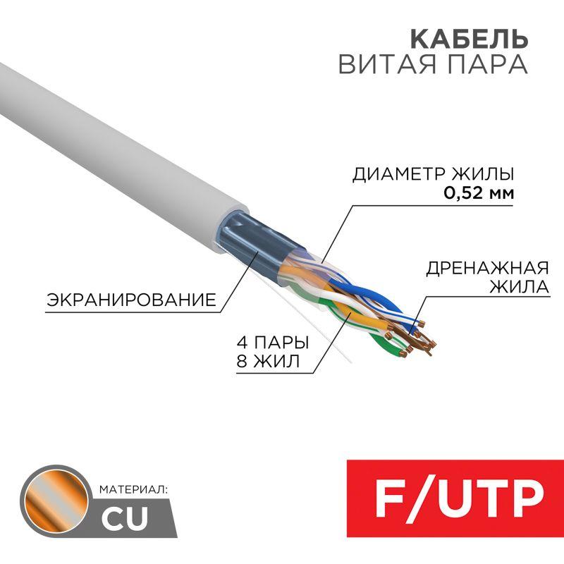 Кабель витая пара F/UTP кат.5E 4х2х0.52 24AWG ZH нг(А)-HF INDOOR SOLID сер. (305м) PRO Rexant 02-0021