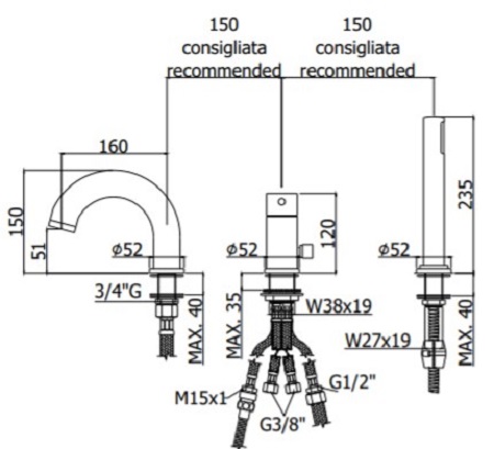Смеситель на борт ванны на 3 отв Paffoni LIGHT LIG040LCR Хром