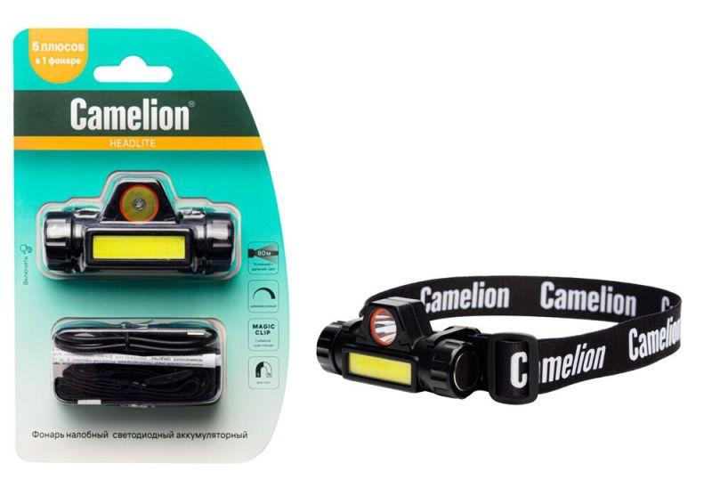 Фонарь налобный LED53405 аккум. 3.7В димм. XPE+COB LED 3Вт 2 реж. Магн. блист черн. Camelion 15756