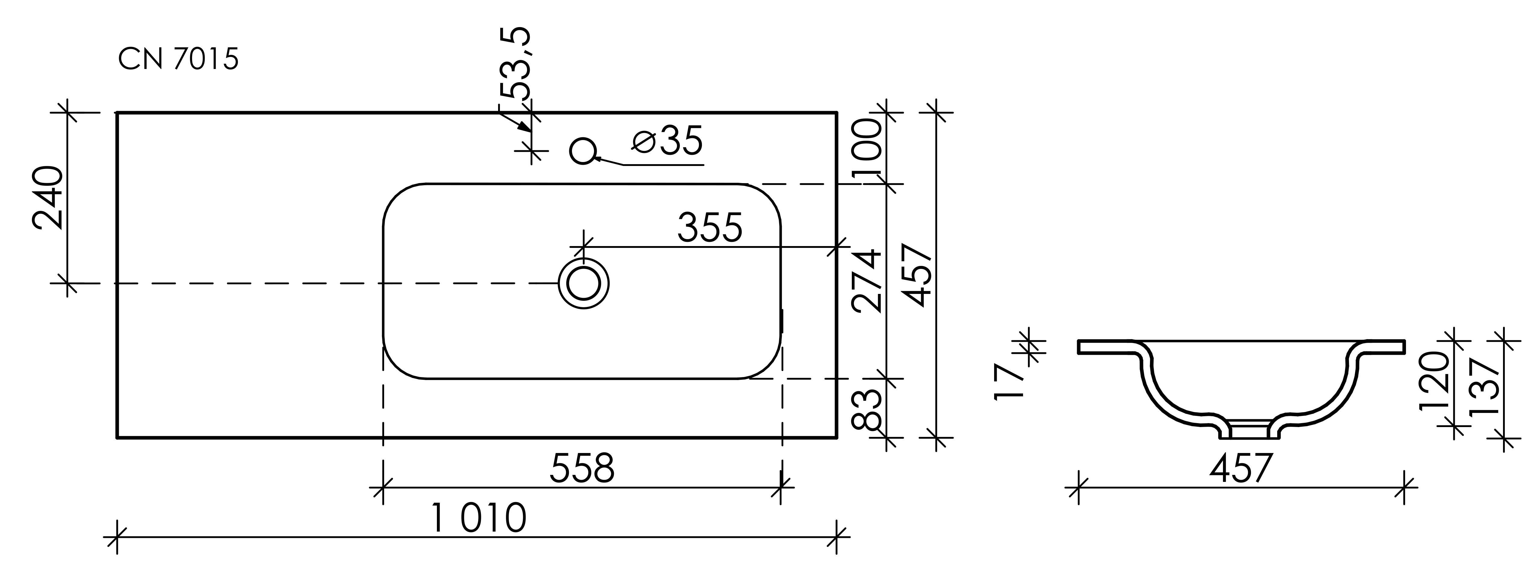 Умывальник накладной прямоугольный Element 1010*457*137мм, чаша справа, CN7015