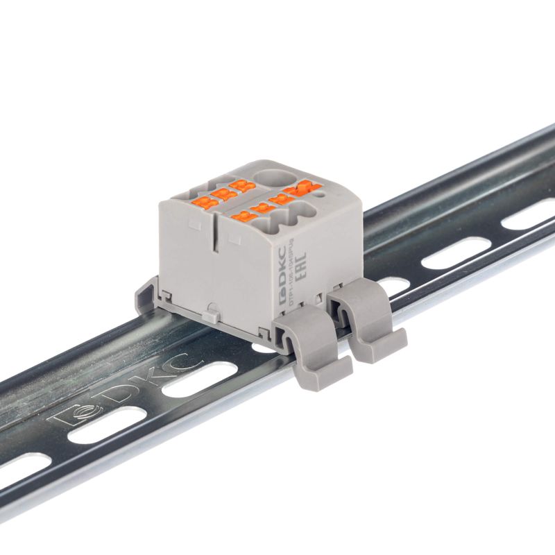 Блок распределительный с горизонт. адаптером на рейку шир. 35мм зажим push-in 1 ввод 6кв.мм 6 точек подключения 2.5кв.мм сер. DKC DTP1-106-104SPUG-H