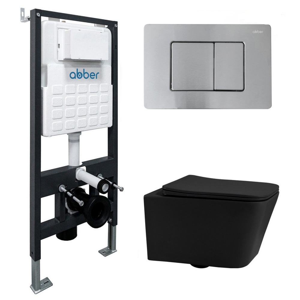 Комплект подвесной унитаз ABBER Rechteck AC1201MB черный матовый с инсталляцией AC0105 и кнопкой AC0120MCH матовый хром