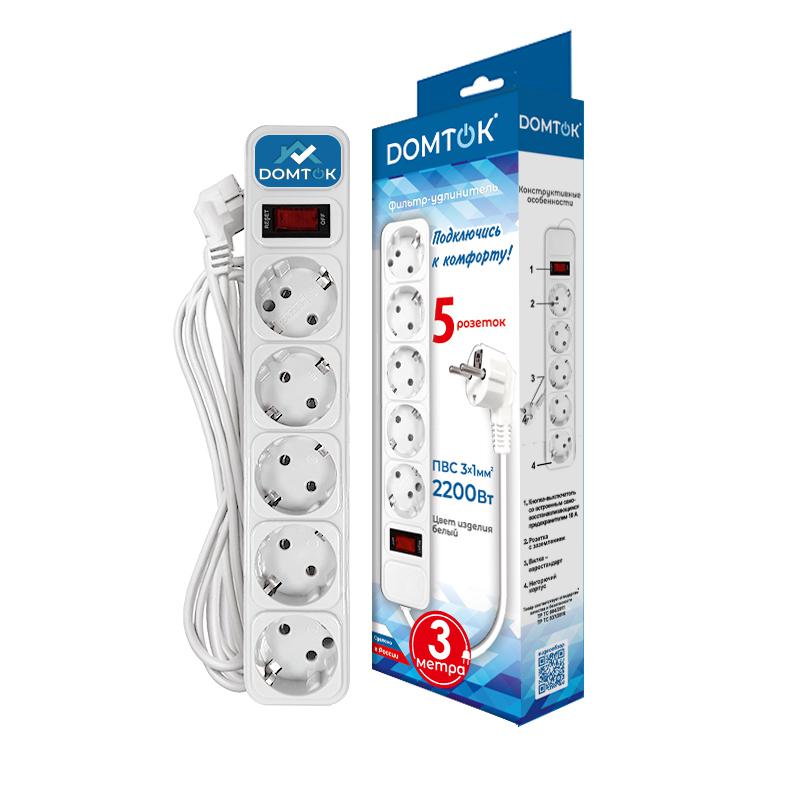 Удлинитель с сетевым фильтром 5х3м с заземл 10А IP20 2.2кВт ПВС 3х1 с выкл. бел. DOMTOK 2528