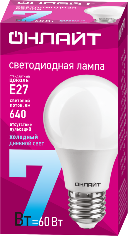 Лампа светодиодная 61 139 OLL-A60-7-230-6.5K-E27 7Вт грушевидная 6500К холод. бел. E27 700лм 176-264В ОНЛАЙТ 61139