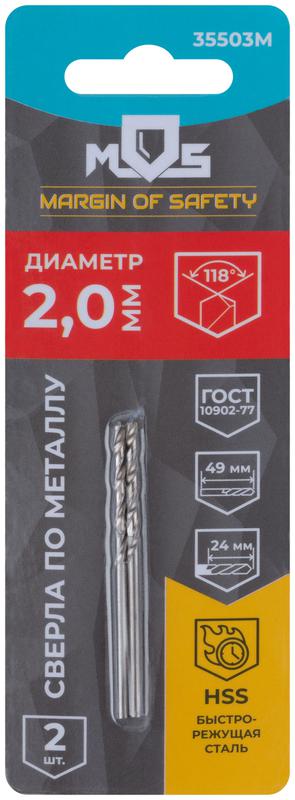 Сверла по металлу HSS в блистере угол заточки 118град. 2.0х49мм (уп.2шт) MOS 35503М