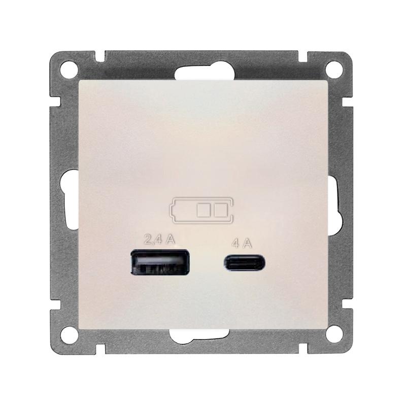 Розетка 2-м USB СП Афина тип А+С 5В 1х2.4А 2х4А механизм жемчуж. Universal А0059-OBr