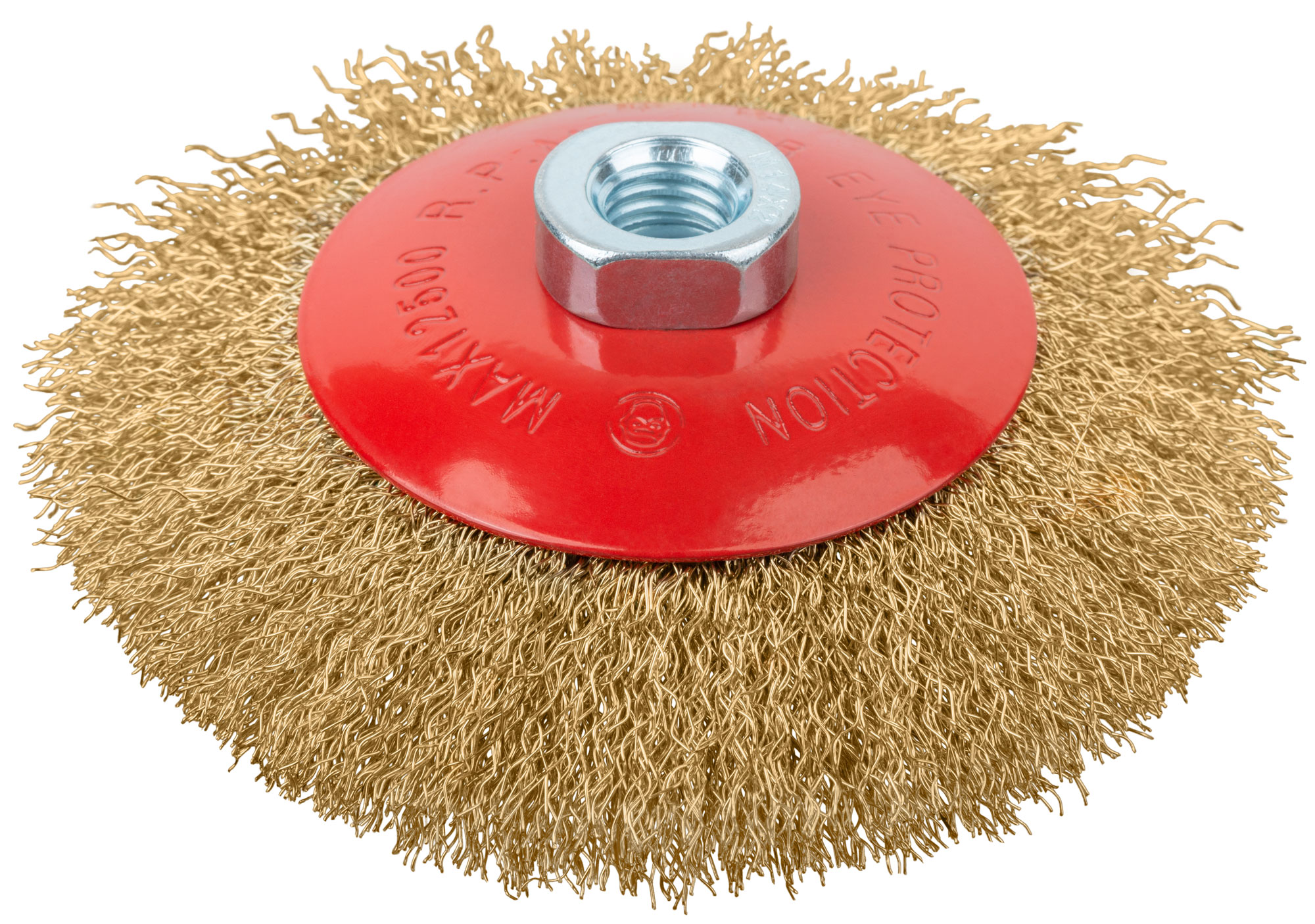 Корщетка-колесо с наклоном, гайка М14, стальная латунированная волнистая проволока 125 мм