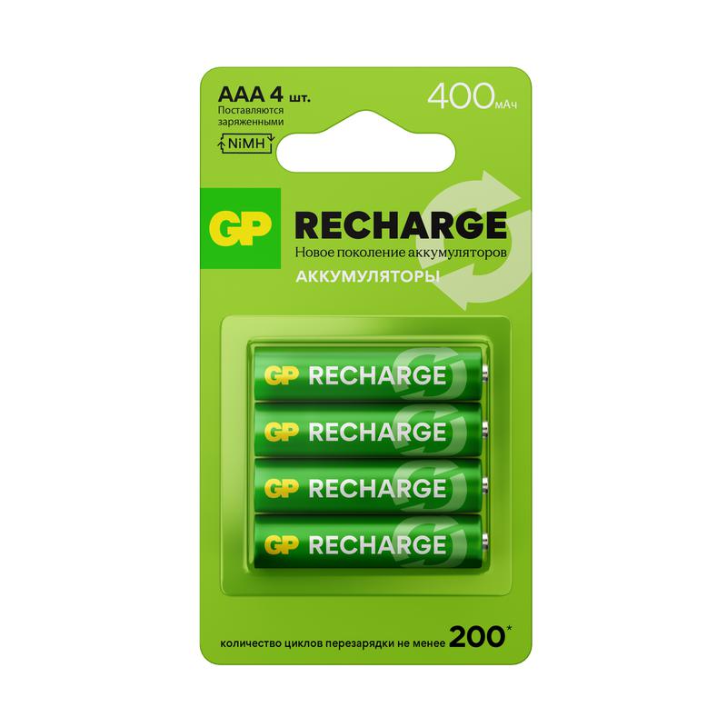 Аккумулятор AAA/HR03 RECHARGE 1.2В 400мА.ч (блист.4шт) GP 20249