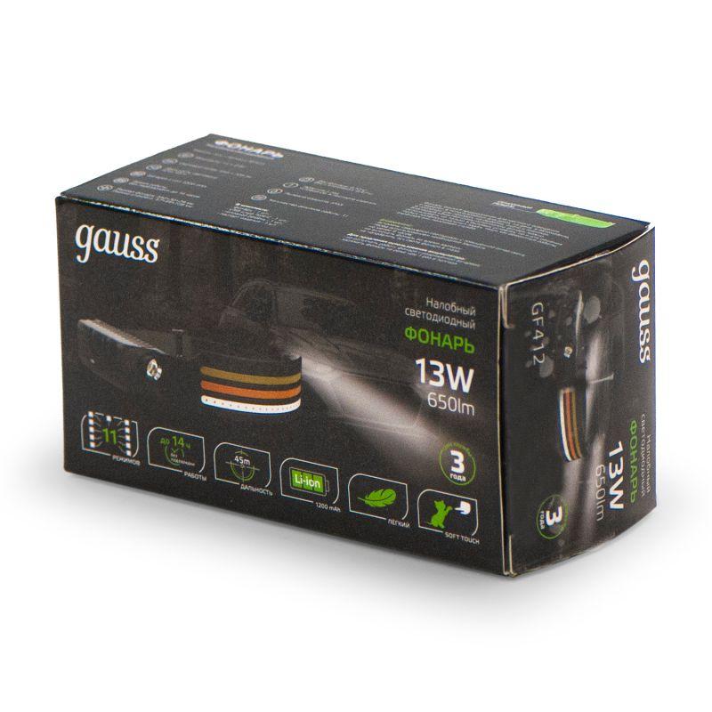 Фонарь аккумуляторный налобный GFL412 13Вт 650лм Li-ion 1200мА.ч LED GAUSS GF412