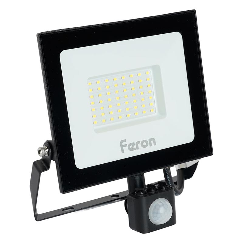 Прожектор светодиодный с датчиком движения 50Вт 6400К 230В черн. IP44 LL-908 FERON 29558