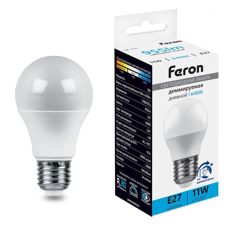 Лампа светодиодная диммируемая 11Вт 230В E27 6400К G45 LB-751 FERON 51060