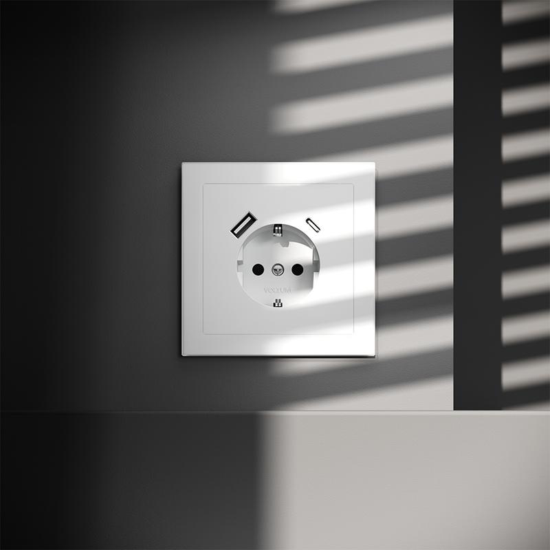Розетка 1-м СП S70 16А с USB A+С с заземл. защ. шторки механизм бел. матов. Voltum VLS040502