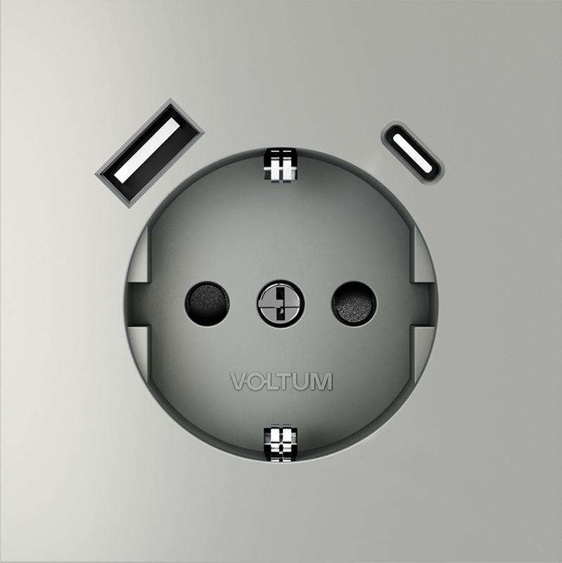 Розетка 1-м СП S70 16А с USB A+С с заземл. защ. шторки механизм сталь Voltum VLS040505