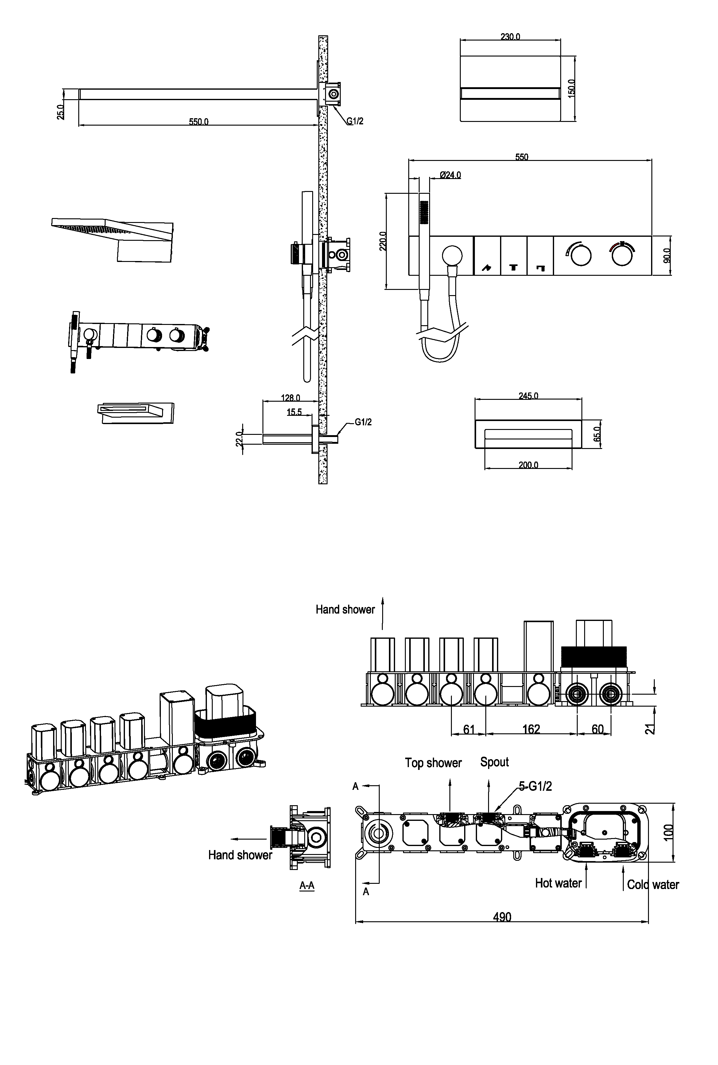 Встроенная душевая система  с изливом ZODIAC с термостатом, трехпозиционная Copper Brushed