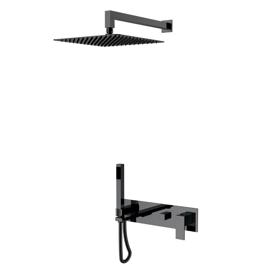 Смеситель встроенный + верхний+ ручной душ Qubic Shine Gun Metal с изливом