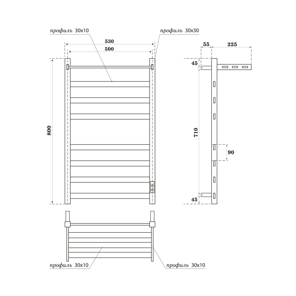 Полотенцесушитель электрический Point Меркурий PN83858PW П7 500x800 с полкой, диммер справа, белый