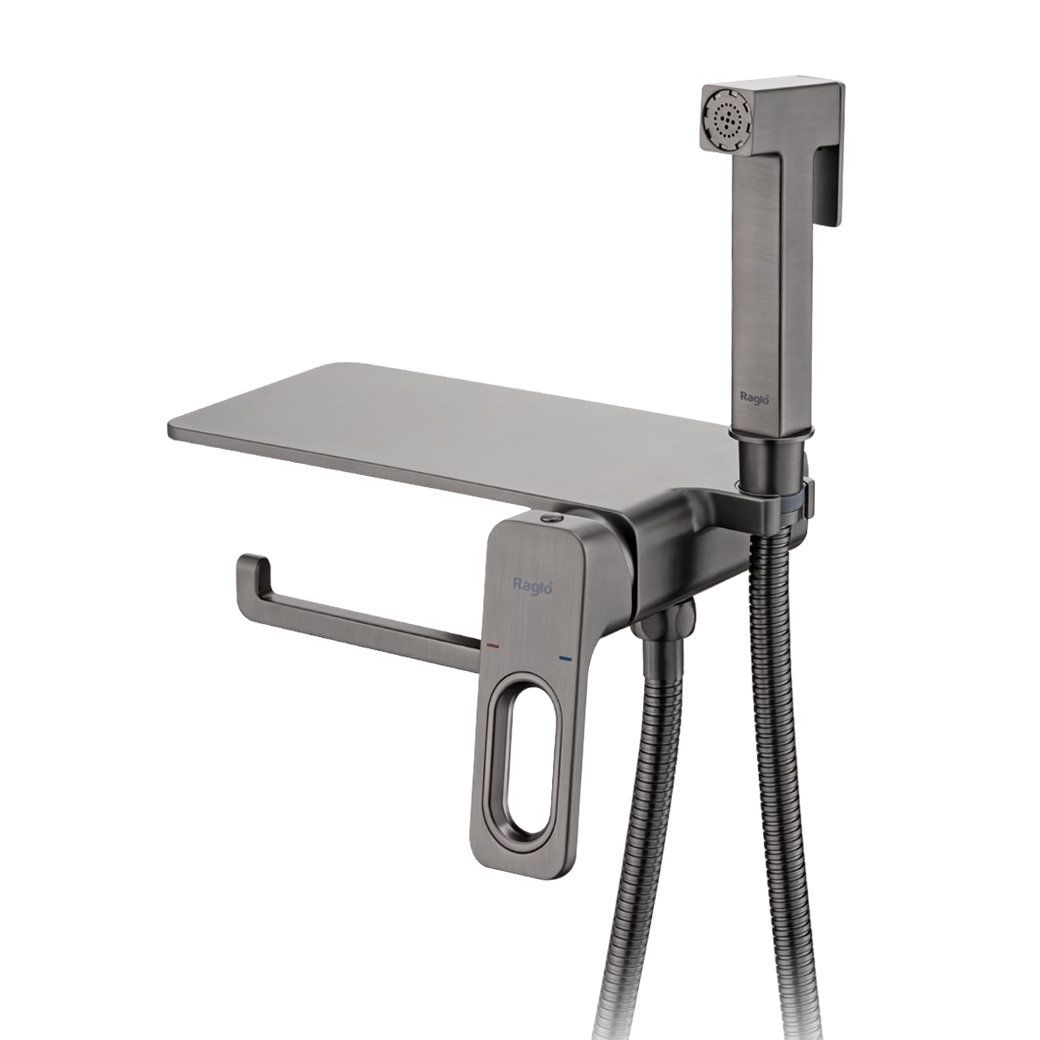 Гигиенический душ со смесителем встраиваемый с полкой и бумагодержателем Raglo R51.55.09, графит