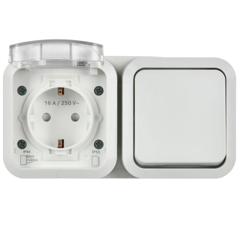 Блок ОП TORS TS342 (розетка + выключатель) 16А IP55 горизонт. бел. IEK TS-G10-6-55-V-K01