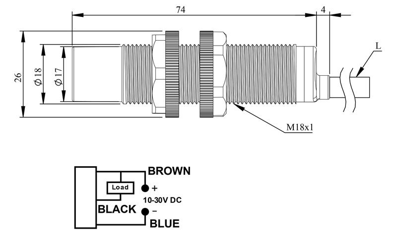 Датчик емкостный (NPN-НЗ) кабель 2мх3 (расс. сраб. 2-10мм) выступающий пластик 10-30В DC IP65 EMAS SCM18NP1OC2