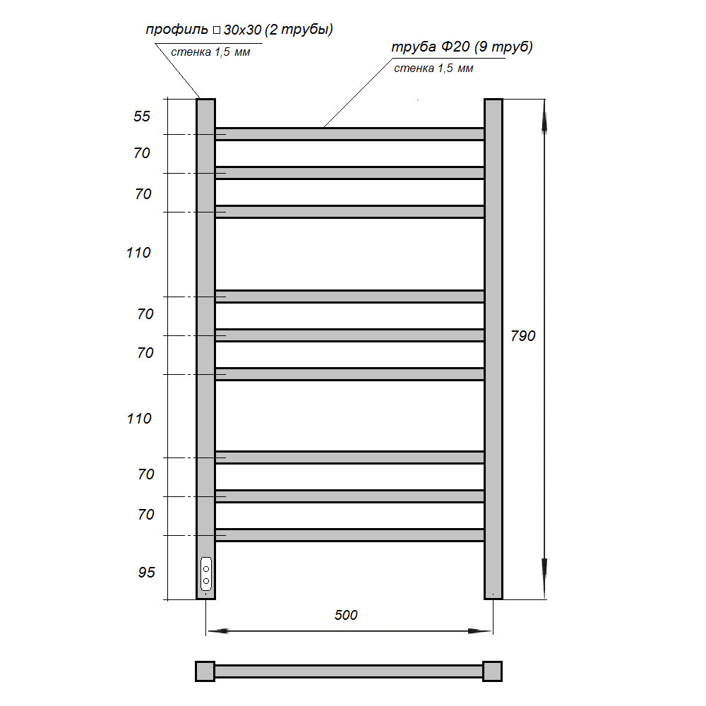 Полотенцесушитель электрический Point Веста PN70758W П9 500x800, диммер слева, белый