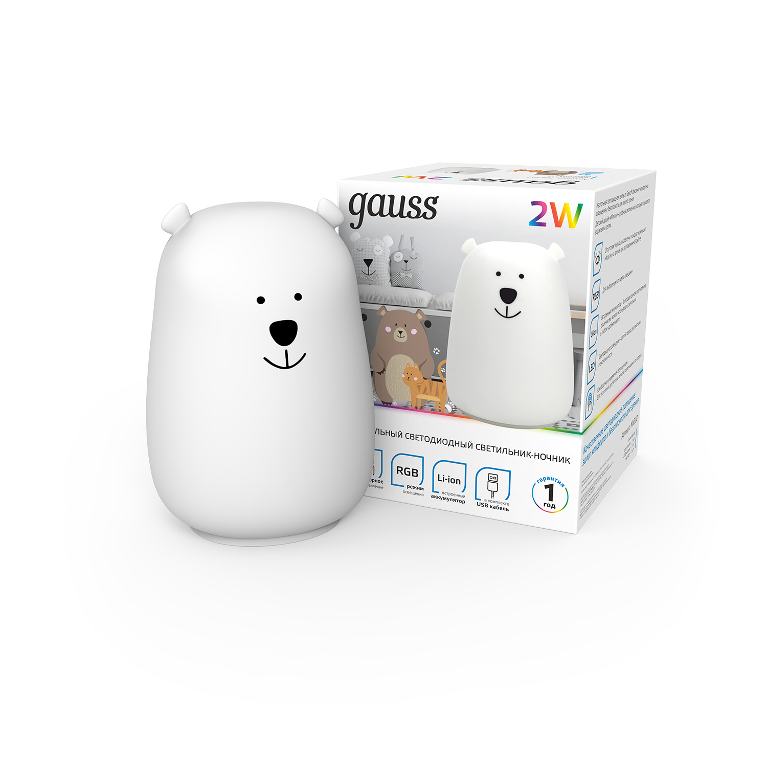 Светильник ночник настольный 2 Вт RGB Белый IP20 с Li-ion акк и USB медведь NN Gauss
